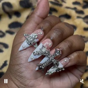 Halo White French Tip With Charms Long Stiletto Press On Nails