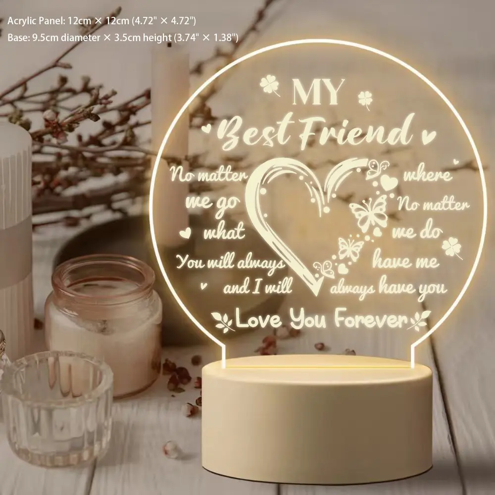 Friendship Acrylic Night Light, Round LED Lamp, Bestie Gift for Bedroom Decor, Birthday Christmas Gift for Friend, Sister, Lover, Romantic Indoor Home Decor