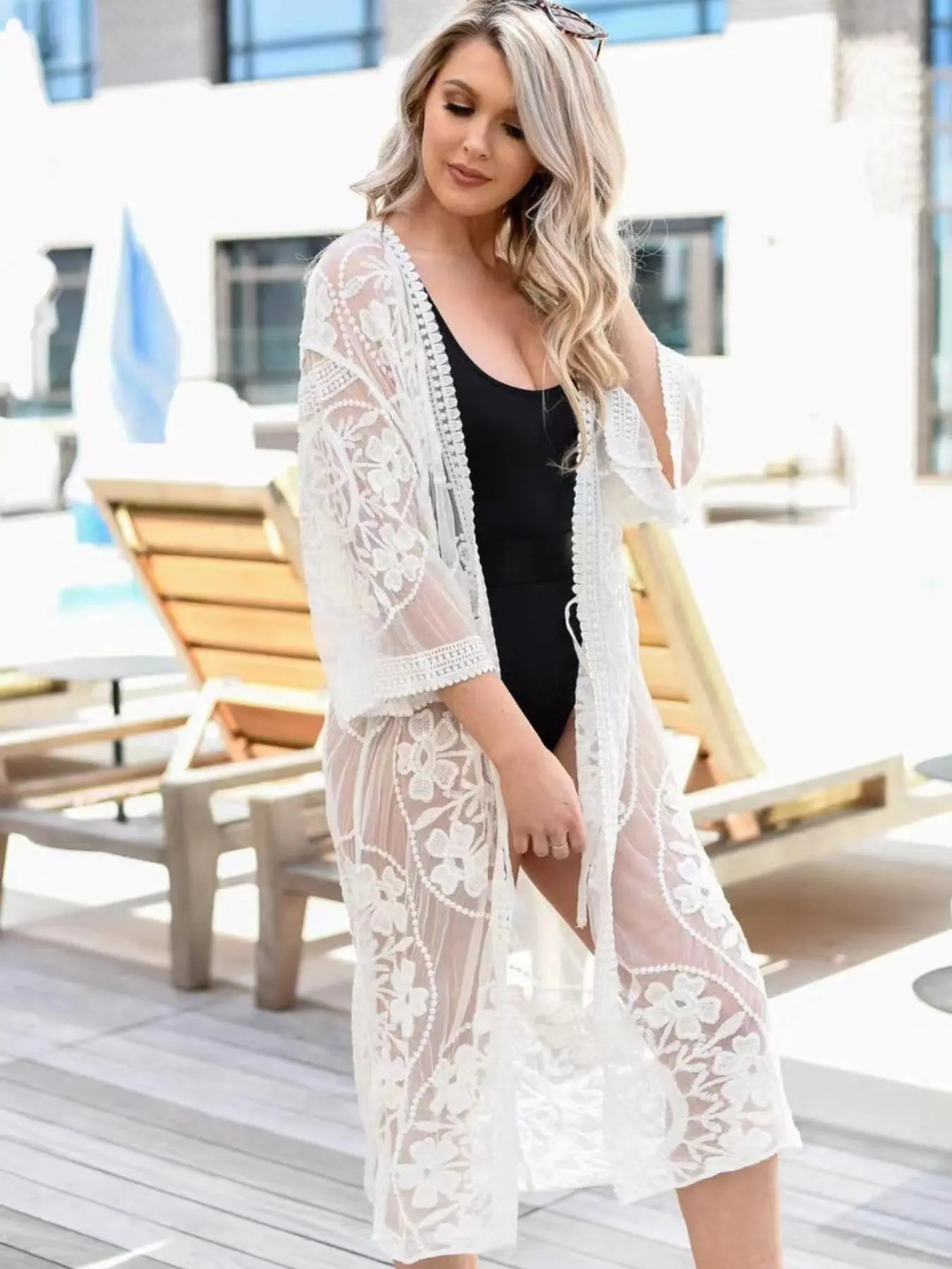 Women's Contrast Lace Sheer Open Front Kimono, Summer Clothes Women, Boho 3/4 Sleeve Crochet Kimono for Beach Vacation, Women's Swimwear for Summer, Swimwear Coverups, Beachwear Cover Up, Tulle Cover Up, Swimsuit Coverup