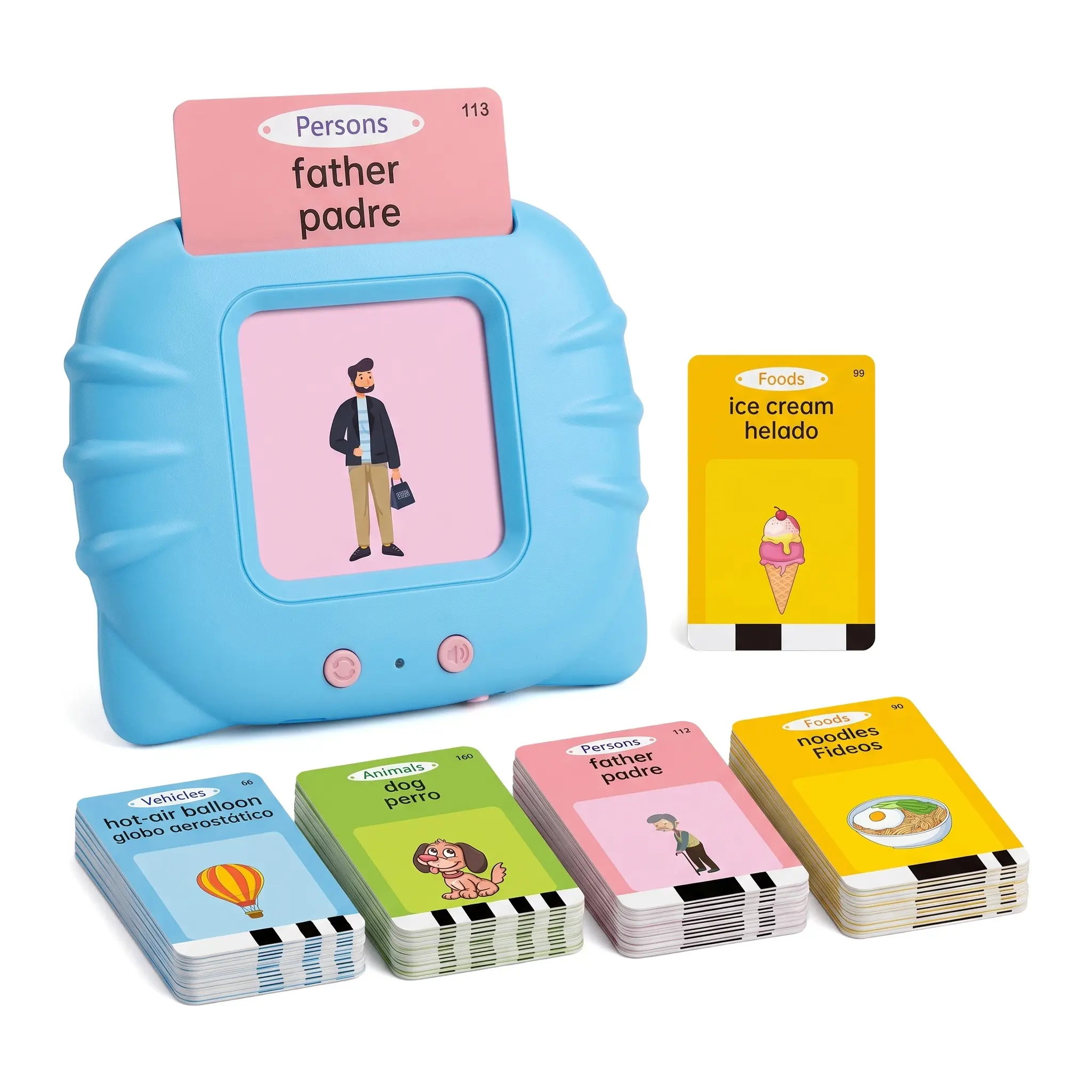 Unisex Interactive 224-Word English-Spanish Bilingual Flash Card Reader, ABS Plastic Screen-Free USB Rechargeable Montessori Toy for Ages 1-6, Home & Travel Learning Tool to Boost Vocabulary & Correct Pronunciation for Speech Training