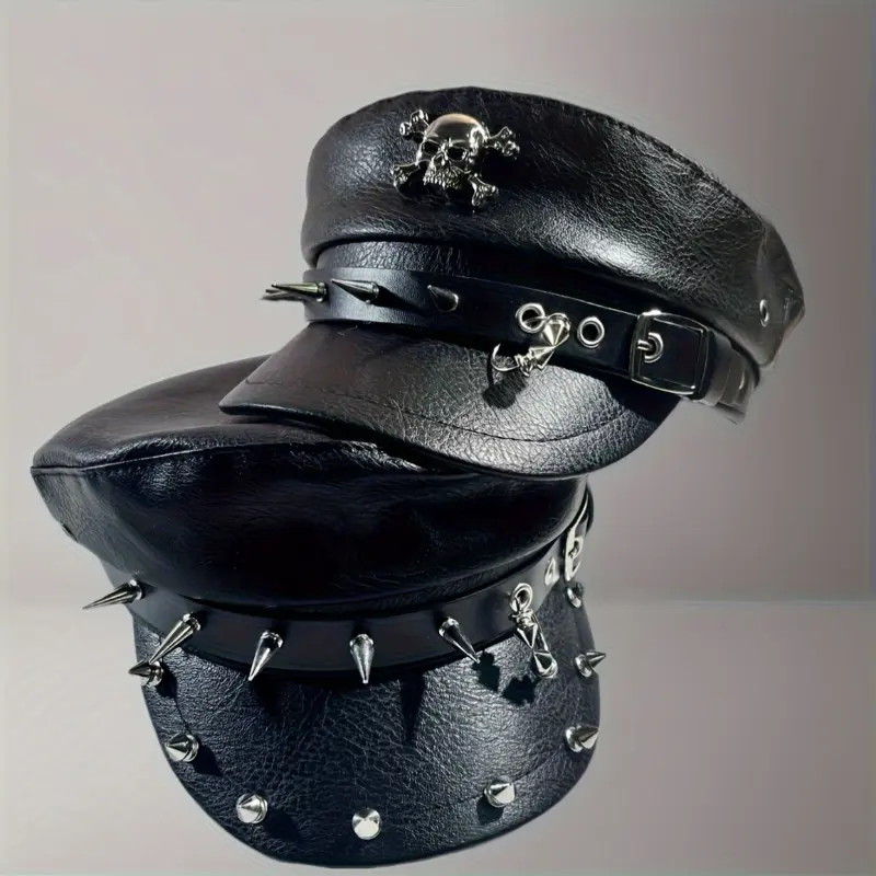 Men's Edgy Punk PU Leather Duckbill Beret with Rivets, Lightweight 1-Piece Design for Party Wear, Inelasticity, One Piece