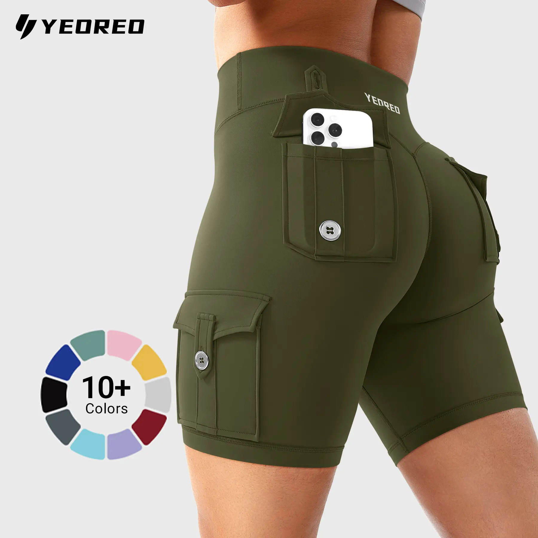 YEOREO Biker Shorts for Women, 8" High Waisted with Cargo Pockets & Hidden Scrunch, Squat-Proof Stretch Activewear for Gym Workouts, Fitness Training Shorts, Athletic Sports Shorts