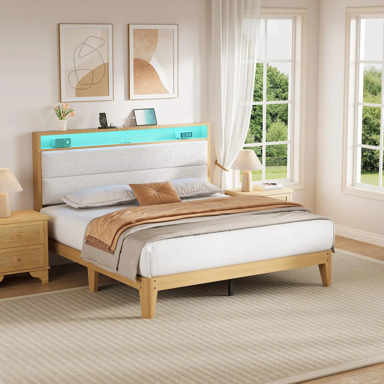 Garvee Queen Size Boucle Upholstered Platform Cloud Bed Frame - Headboard Bed Frame with LED Accent Lights, Built-in Charging Station, No Box Spring Required, Easy to Assemble, Cloud Bed Frames, Upholstered Bed Frames