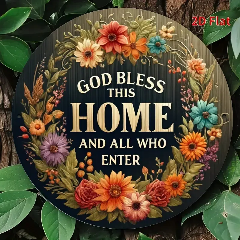 1pc 8x8 Inch Durable Aluminium Metal Sign - "God Bless This Home and All Who Enter" Round Wreath with Vibrant Floral Design, Welcome Porch & Door Decor for Spiritual Ambiance (Home Supplies Plaque), Decorative Sign, Home Ornaments