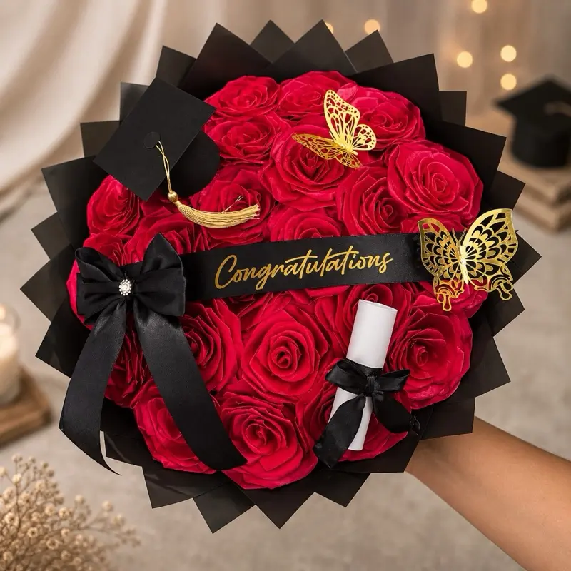 Graduation Rose Bouquet | Red Satin Ribbon Roses with Cap & Diploma | Handmade Graduation Gift | Custom Congratulations Bouquet