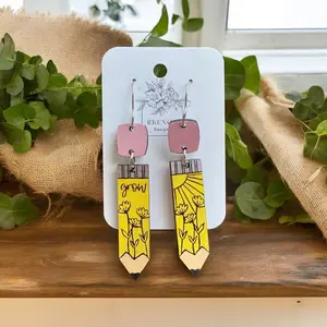 Wooden Pencil Earrings Hand Painted - Unique Gift Idea small batch boho jewelry handpainted