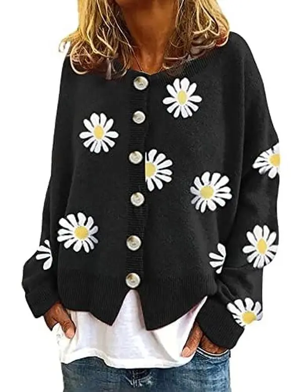 utcoco Women's Cardigan, Aesthetic Floral Oversized Cropped Cable Knit Sweater, Preppy Style Lightweight Button-Down Top, Knitting, Lady