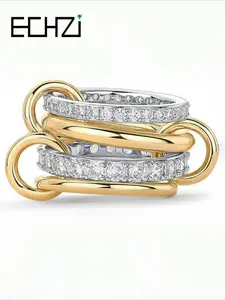 14k Gold Plated Interlocked Stackable Rings for Women, Dainty Stacking Rings, Statement Mixed Metals Multi Ring Stack, Cubic Zirconia Two-toned Connected Bands Stacking Jewelry