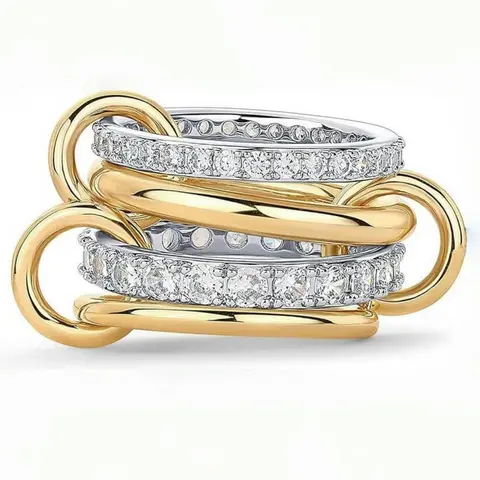 14k Gold Plated Interlocked Stackable Rings for Women, Fashion Stackable Rings, Dainty Stacking Rings, Statement Mixed Metals Multi Ring Stack, Cubic Zirconia Two-toned Connected Bands Stacking Jewelry, Wedding Ring Stack, Stackable Engagement Ring