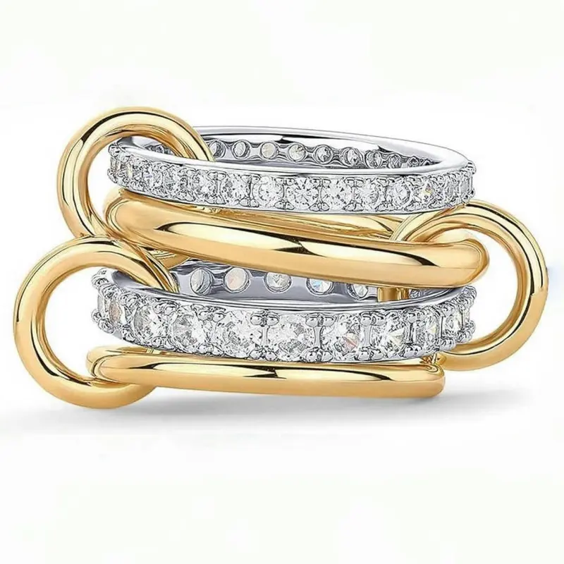 14k Gold Plated Interlocked Stackable Rings for Women, Fashion Stackable Rings, Dainty Stacking Rings, Statement Mixed Metals Multi Ring Stack, Cubic Zirconia Two-toned Connected Bands Stacking Jewelry, Wedding Ring Stack, Stackable Engagement Ring