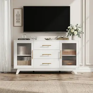 Coffee Bar Sideboard Cabinet - Modern Storage Buffet for Kitchen with Fluted Glass Doors, 3 Drawers & Adjustable Shelves, White & Natural Wood