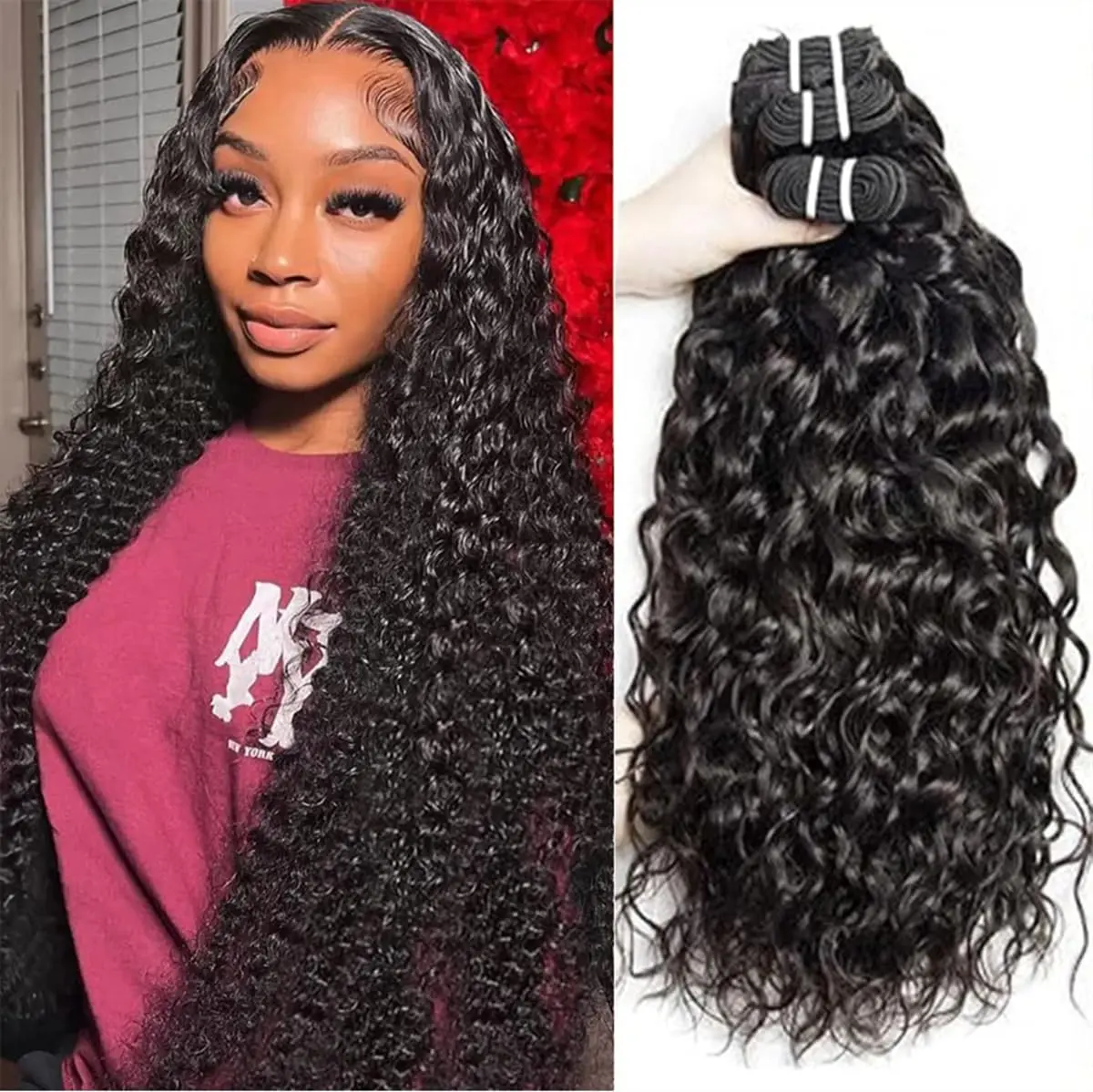 Human Hair Bundles Water Wave Bundles Human Hair 100% Unprocessed Deep Wave Curly Bundles Human Hair Wet and Wavy Human Bundles for Black Women