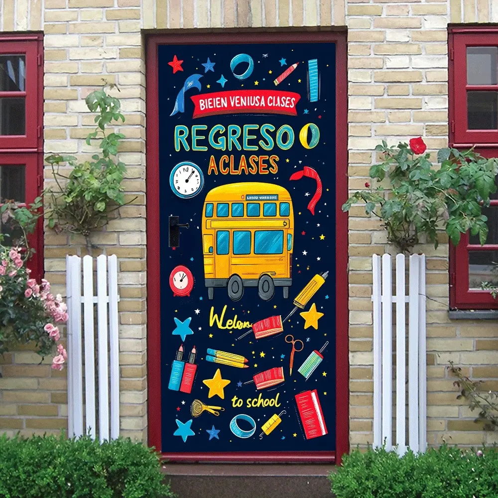 2pcs Back to School Cartoon School Bus Wall Stickers for Kids Room Bedroom Classroom Decor Self Adhesive Stationery Pattern Wall Decals Kindergarten School Supplies Removable Eco Friendly PVC Stickers