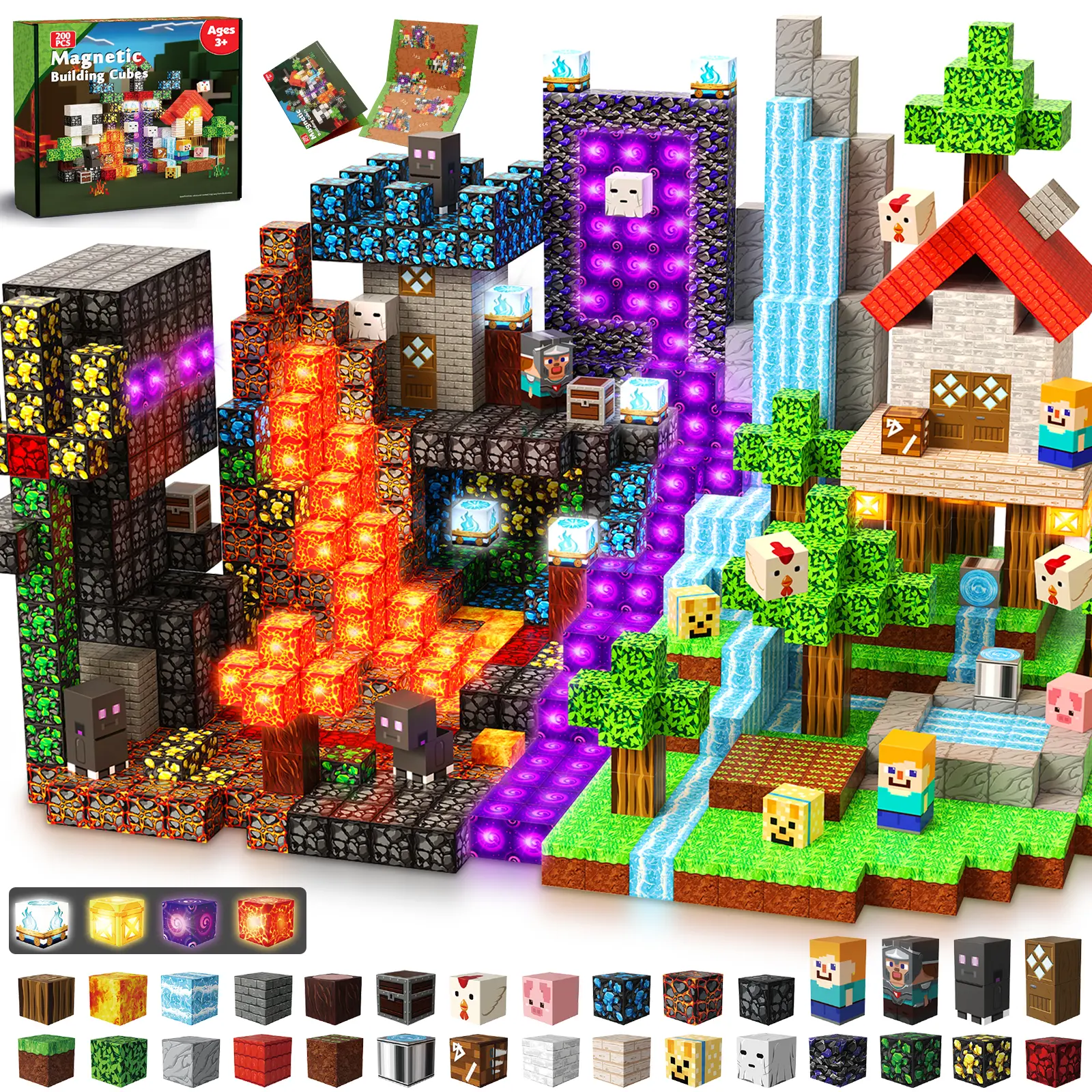 200 PCS Magnetic Blocks with Light Up Blocks - Magnetic Building Blocks, Magnetic Construction Cube Toys, STEM Sensory Learning Toys, Easter Christmas Birthday Gifts for Toddlers Boys and Girls Age 3+,summerwins summerwins