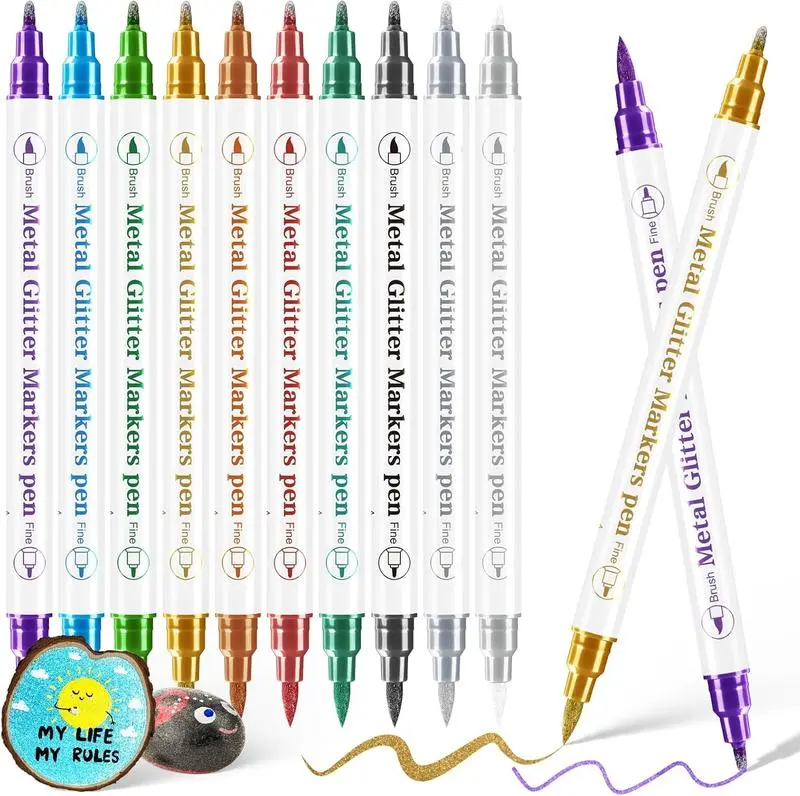 10 Colors Dual Tip Metallic Markers, Quick-drying Glitter Pens for Scrapbooking, Greeting Cards, Rock Painting, Photo Albums,  Glass, Nail Art, DIY Crafts, Sparkle Shine, Ten Colors