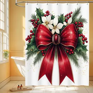 1pc Merry Christmas Shower Curtain - Vibrant Red Bow & Wreath Design Machine Washable Polyester Waterproof Easy-Care Ideal for Holiday Bathroom Decor Christmas Gift (Includes Hooks) Holiday Bathroom Decor  Festive Shower Curtain