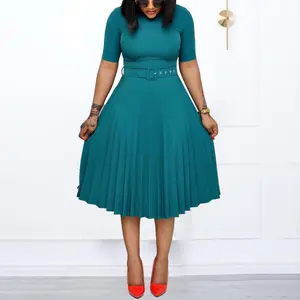 Women's Plus-Size Fashion Lady's Elegant Belted Dress - European American Style, Round Neck, Short Sleeve, Mid-Length Pleated Skirt, Minimalist Fit, Comfortable, Accessories for Summer Formal & Classy Casual Dresses Occasions