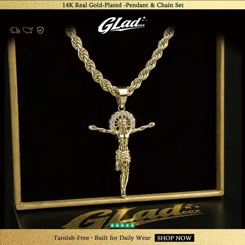 GLADEEX 14K Gold Plated Rope Chain Necklace for Men, 24 Inch Twisted Gold Chain with Jesus Pendant, Tarnish Resistant Hip Hop Religious Jewelry
