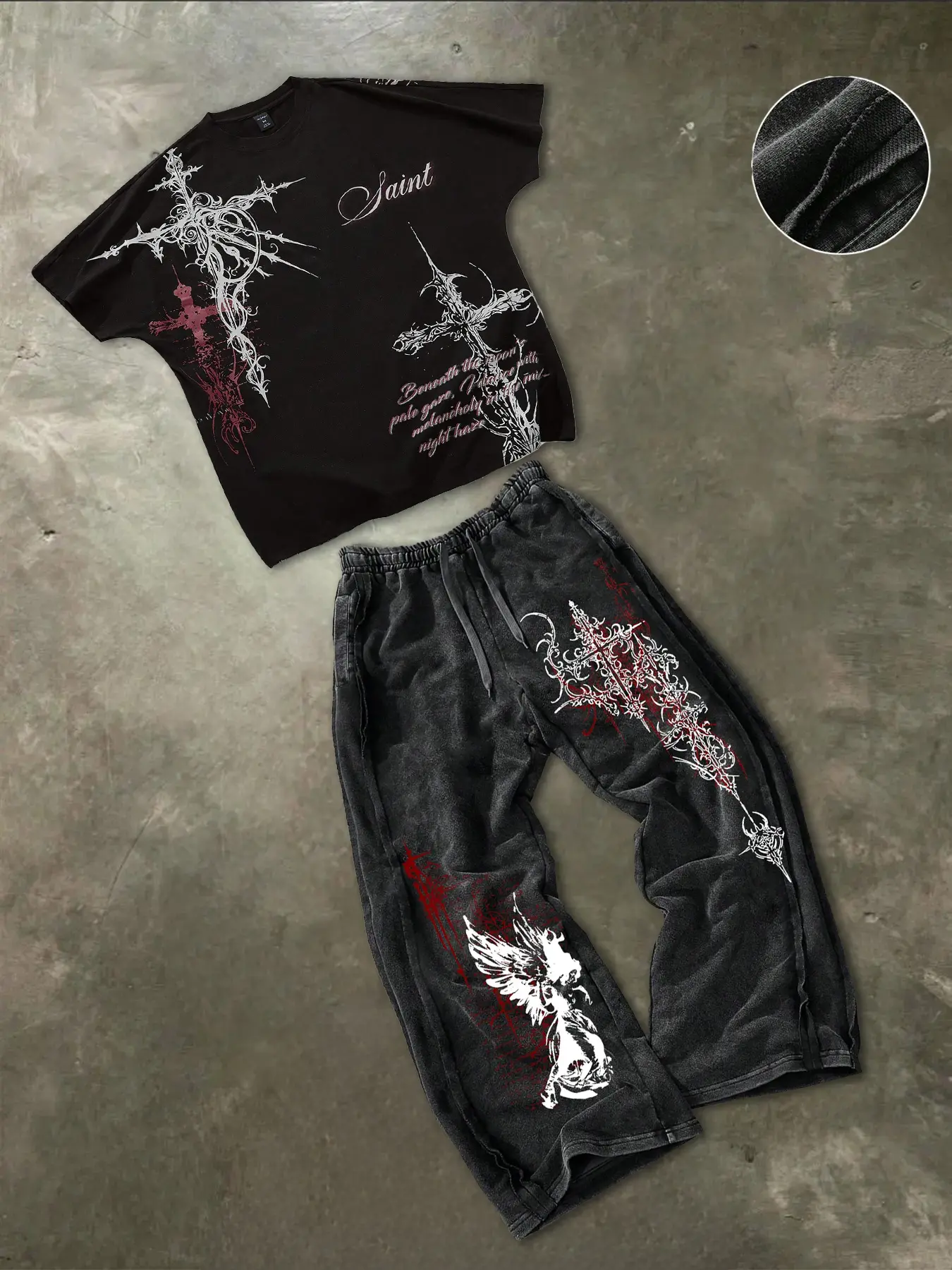 Men's Short Sleeve Tee, Round Neck and Washed Cotton Straight Leg Pants Set, Gothic Print, Casual Summer, Comfortable and Stylish, Menswear