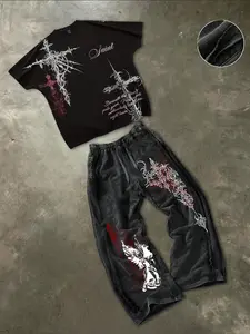 Men's Short Sleeve Tee, Round Neck and Washed Cotton Straight Leg Pants Set, Gothic Print, Casual Summer, Comfortable and Stylish