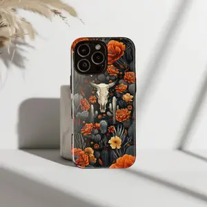 Western Bull Skull Desert Cacti Floral Case for iP Phone 17 16 15 14 13 12 11 Pro Max Plus X XR - Dark Boho Wildflower Aesthetic Cover 🌵💀🌸✨