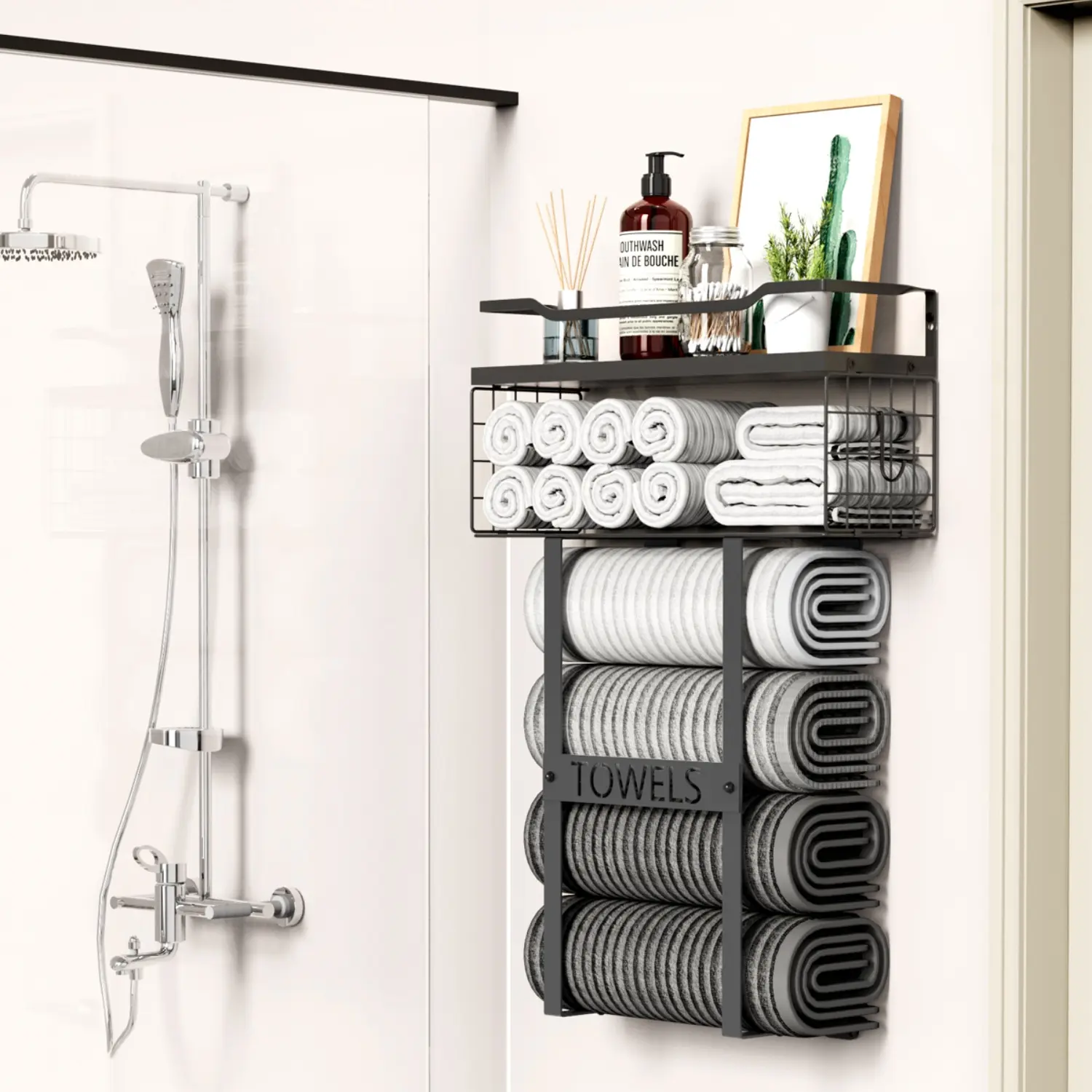 Aetyord Bathroom Organizer Towel Racks for Bathroom, Metal Towel Rack with Storage Basket,Wall Towel Rack for Rolled Towels, Towel Storage for Small Bathroom（black，short）