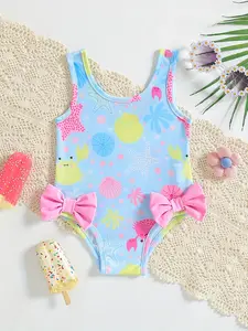 Baby Girl Summer Round Neck Cute Bow Star Decoration Multicolor Triangle Bikini Swimsuit, Beach Swimwear, Valentine's Day Gift