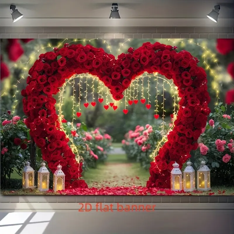 Red Rose Heart Arch Backdrop Romantic Floral Theme Tapestry Wall Hanging Photography Background for Wedding Anniversary Engagement Party Bedroom Decor Supplies