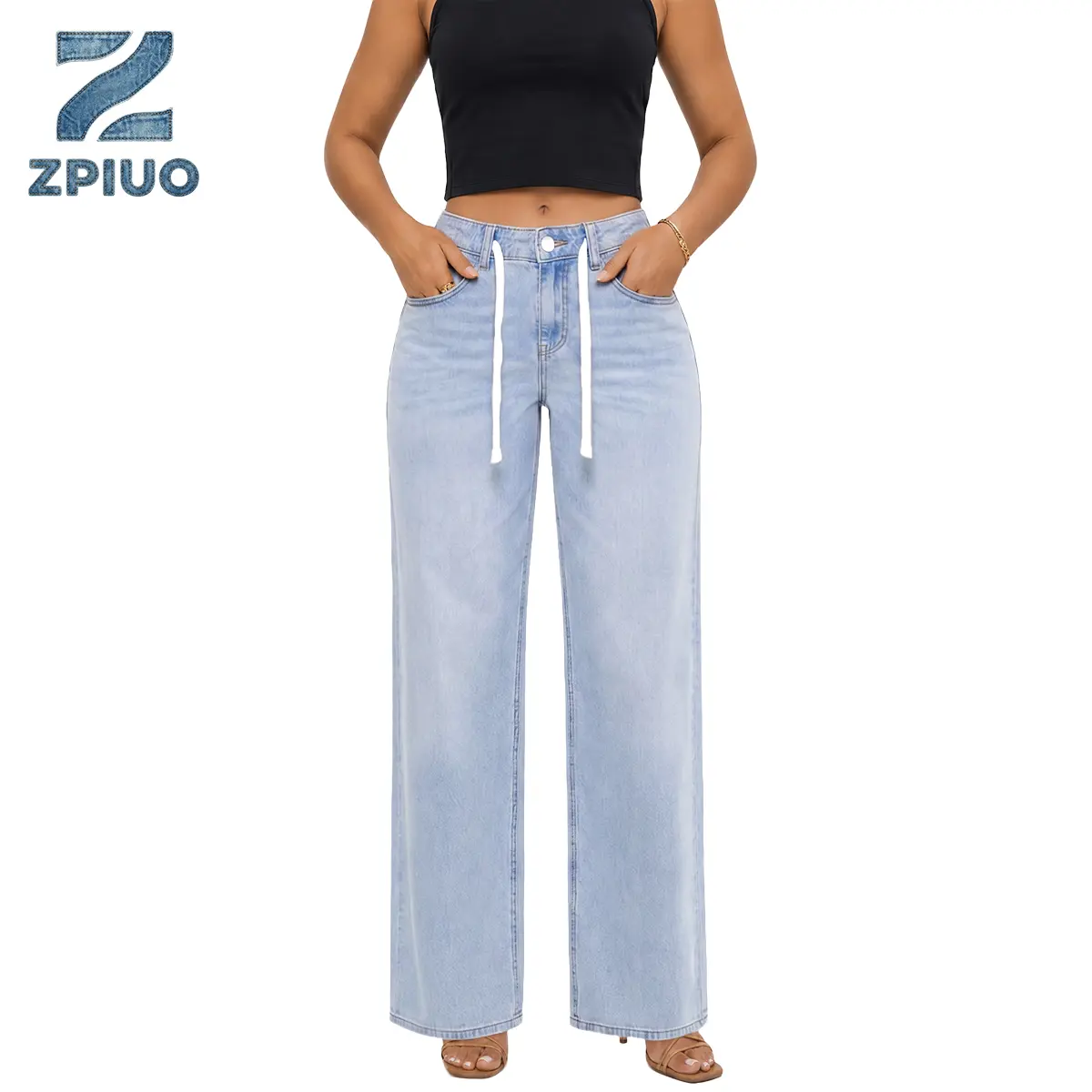 Women's Mid-Rise Adjustable Boyfriend Jeans - Drawstring Elastic Waist, Stretchy Lightweight Pre-Shrunk Lyocell Drape Wide Leg Denim Pants, Casual Beach Outdoors Wear, Breathable Smooth Valentines Day Bottoms for Tops Pairing