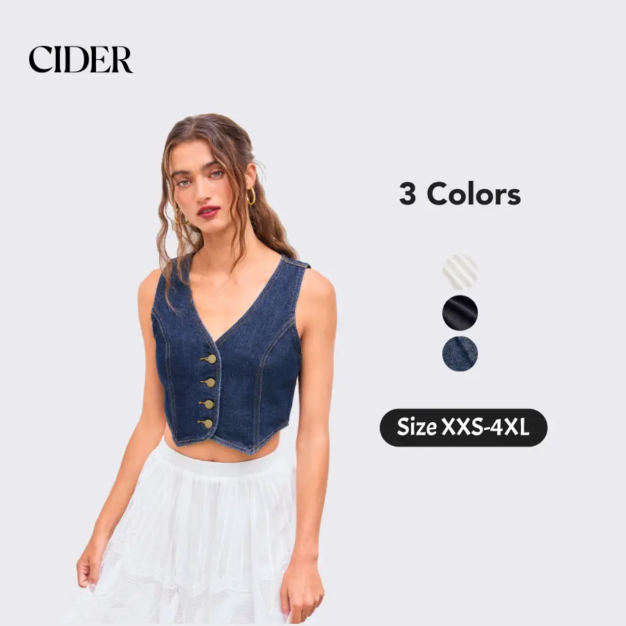 Cider Women's Fitted Denim V-neck Button Vest - Lady's Basic Tops, 0-26 Sizes, Casual Clothes