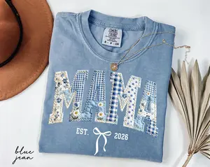 Comfort Colors Mama Est 2026 Shirt, Floral Faux Patchwork Mama Tee With Bow, New Mom Pregnancy Announcement Gift, Baby Shower Gift, Mother's Day - AMBER