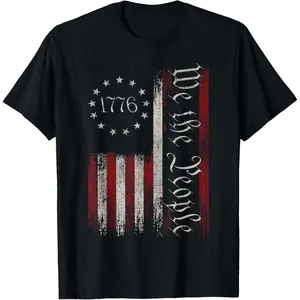 Men's Short-Sleeve Natural Cotton T-Shirt - Vintage Old American Flag, Patriotic 1776 We The People USA Top