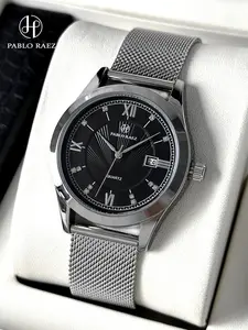 Men's Business Calendar Watch, Stainless Steel Band, Elegant Round Dial, 50m Waterproof, Quartz Movement, Casual Luxury Wristwatch, Quartz Analog Wristwatch