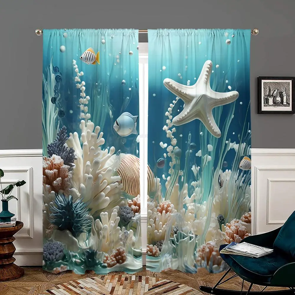 Ocean Theme Coral Print Curtains, 2 Counts Pole Pocket Style Semi Sunshade Polyester Fiber, Easy Clean Anti-privacy Home Decor for Living Room Bedroom Balcony Kitchen