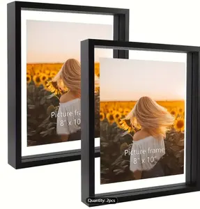 2 Pack 8x10 Black Floating Picture Frames, Double Glass Side Floating Photo Frame Displays Photo Up To 10x12 For Table Top Wall Hanging