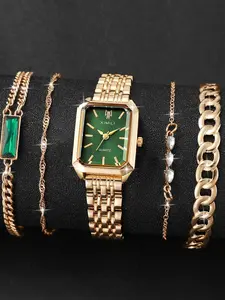 5-piece/set Fashion Square Steel Band Women's Quartz Watch with Diamond-Encrusted Bracelet Set Jewelry Watch Set
