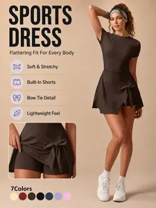 Women's Sports Dress, Workout Dress Solid Color Short Sleeve Backless Design High Stretch Tight Gym Anti Exposure Outdoor Running Sports Skirt Soft Comfortable Butt Lifting Yoga Dress