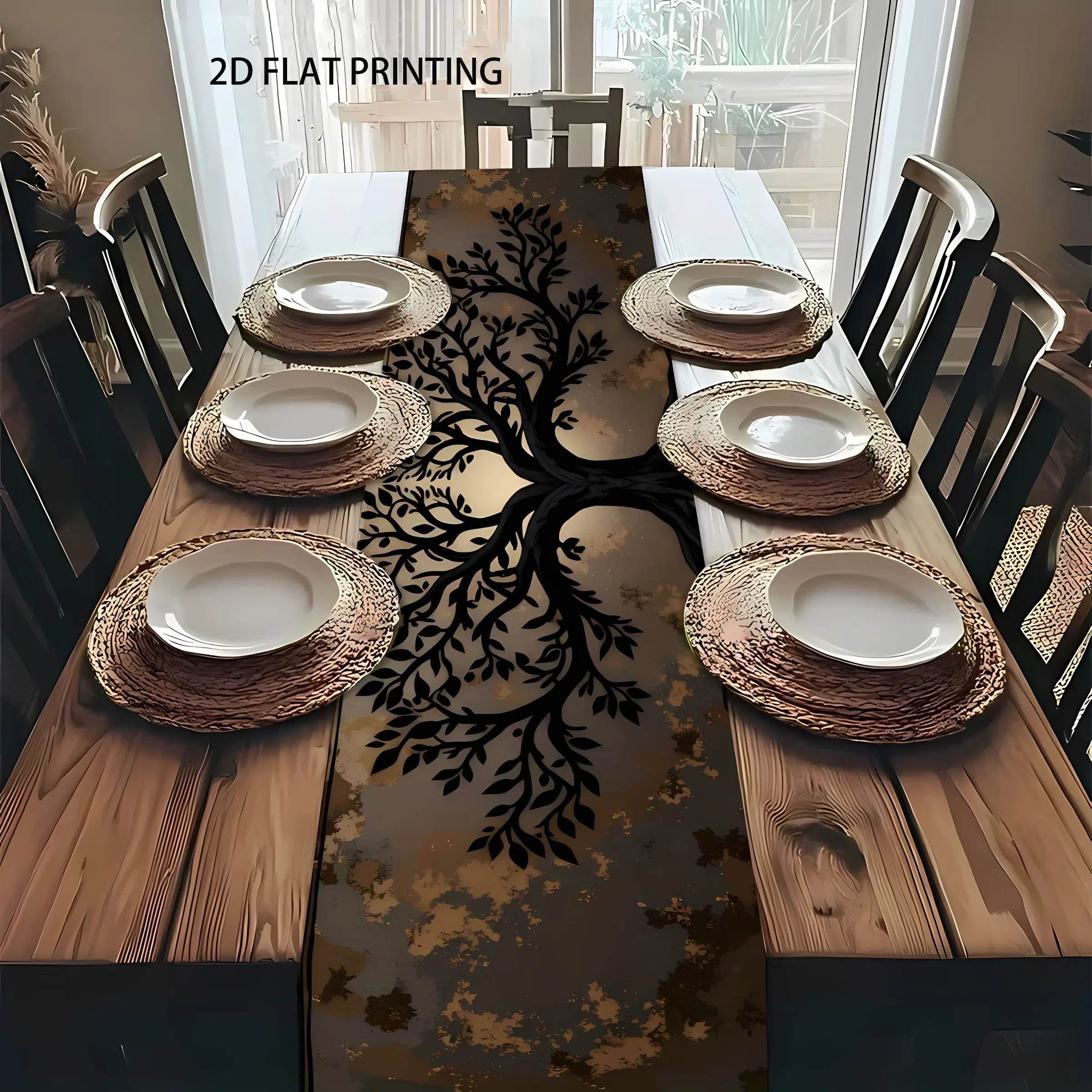 2D flat printing, 1-piece table flag, tree of life extended lush rectangular table flag, linen material, suitable for dining tables, coffee tables, home party decoration, kitchen, party, festival bright cultural decoration