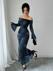 Women's Off-Shoulder Flare Sleeve Long Sleeve Tie-Dye Fashion Elegance Mesh Print Ruched Mermaid Bodycon Dress, Fall Wedding Guest Dress