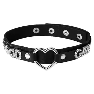 Women’s Heart O-Ring Choker: Adjustable Punk Rock Style Black PU Leather Collar Necklace with Rhinestones Letters for Halloween Christmas