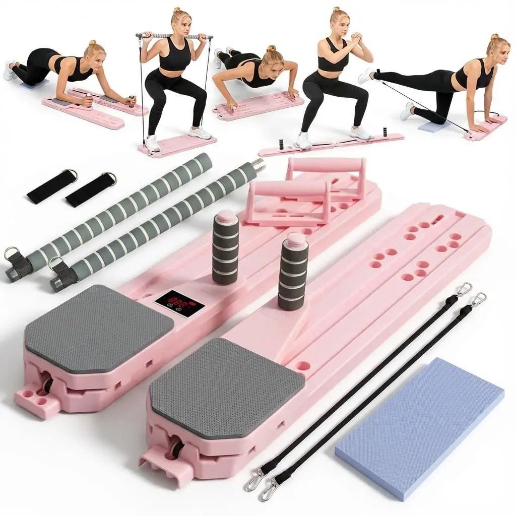 Unisex Foldable Pilates Reformer Board with Compact Folding Frame, Digital Timer, Includes Bands, Resistance Elements for Pilates Focus Full-Body Training in Small Spaces