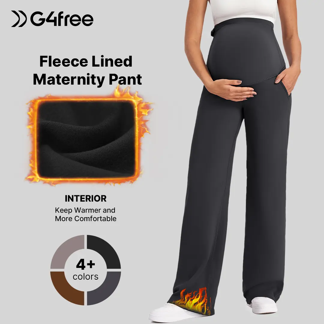 G4Free Fleece Lined Maternity Yoga Pants Over The Belly Stretchy Wide Leg Warm Pregnancy Work Trousers with Pockets