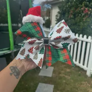 Christmas Cheerleader Bow - Plaid Christmas Bow - Santa Hat Cheerleader Bow - Rhinestone Bows - Christmas Bow Set Nature