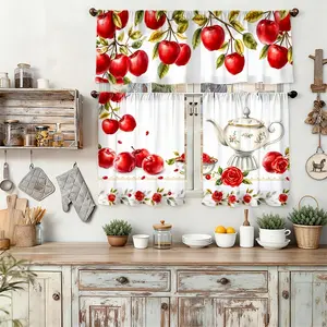 3pcs Kitchen Curtains feature a scene of red apple tea sets and red roses, a heartwarming holiday home decor art print, designed for rod pocket hanging, available in multiple sizes, Tier & Valance Set