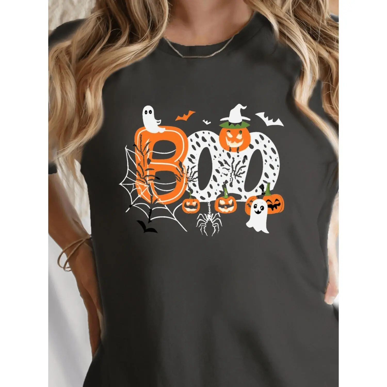 Women's Purple Halloween T-Shirt - Soft Round Neck Short Sleeve with BOO Lettering, Bats, Ghosts, Pumpkins & Spider Web Print - Casual & Party Outfit, Comfortable Fit All-Season Top for Fall Festivities, Themed Events & Casual Att
