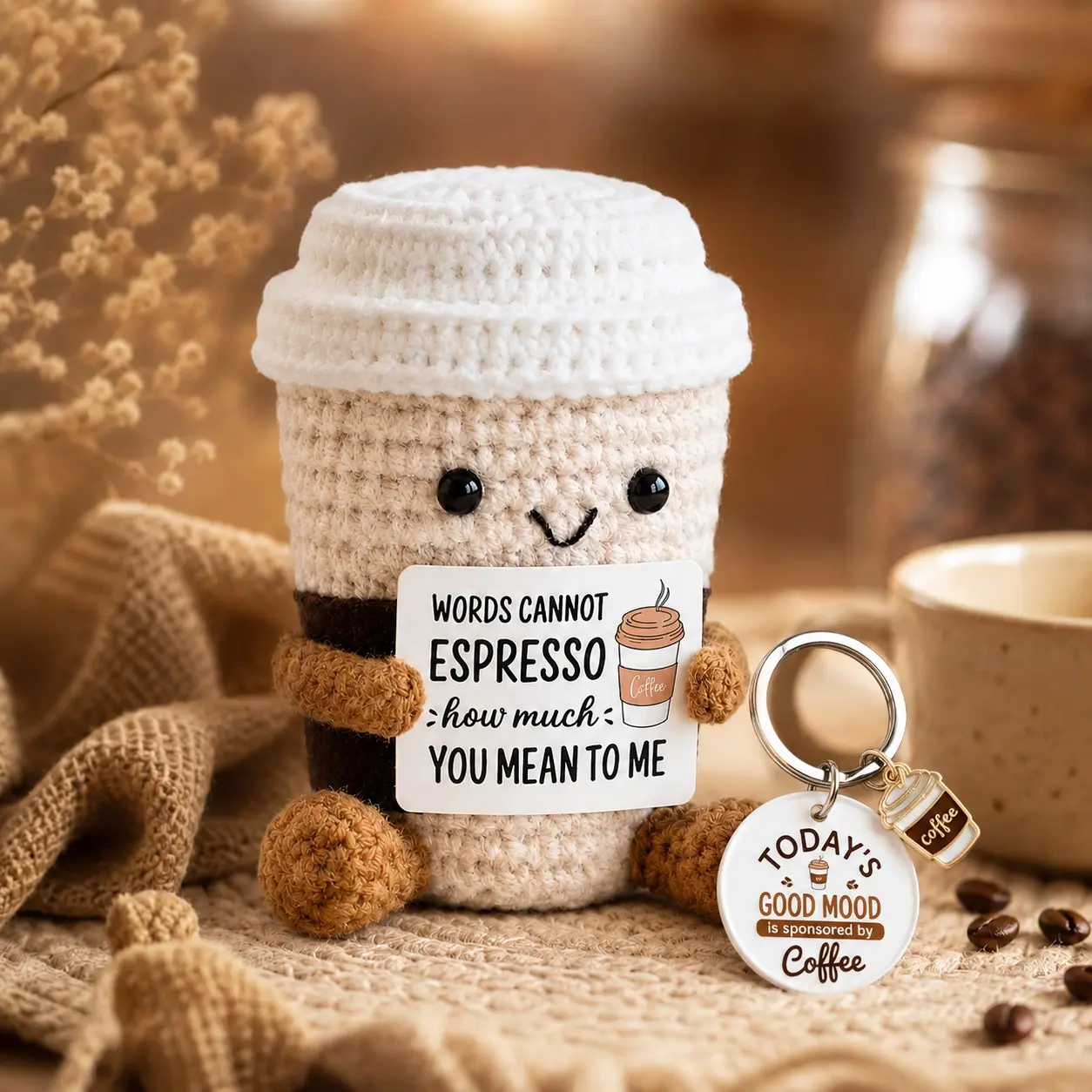 Crochet Emotional Support Coffee Doll with Keychain & Card, Handmade Knitted Plush Keychain for Bags, Keys, Backpack, Cute Gift for Coffee Lovers, Friends, Coworkers