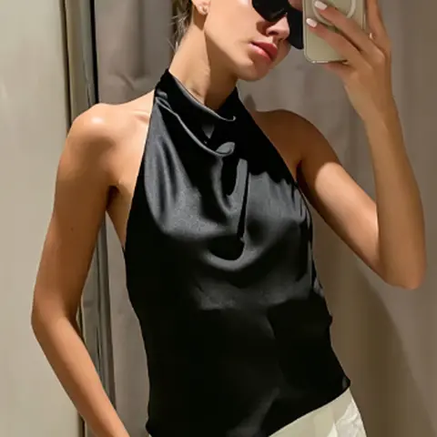 Women's Satin Cowl-Neck Halter Top, Sexy Y2K Sleeveless Backless Tank Top for Summer, Evening Parties and Proms, Available in Black, White, Orange, Pink, and Yellow