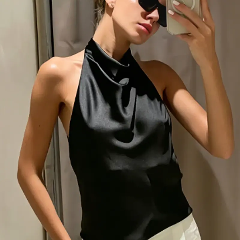 Women's Satin Cowl-Neck Halter Top, Sexy Y2K Sleeveless Backless Tank Top for Summer, Evening Parties and Proms, Available in Black, White, Orange, Pink, and Yellow