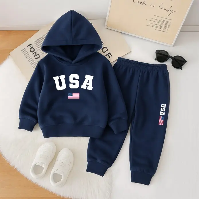 Kids' Unisex USA Print Fleece-Lined Athletic Tracksuit Set - 2-Piece Sweatsuit Outfits with Sweatshirt & Joggers, Adorable Boys' Sets for Fall-Winter Casual Indoor Wear