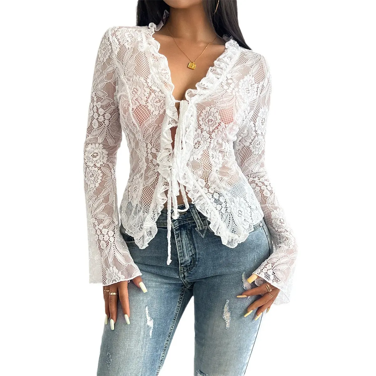 Women's Elegant Hollow-Out V-Neck Lace-Up Blouse - Lightweight Plain Long-Sleeve Tops, Shirts for Casual Party Wear, S/M/XL, Full Length, All Seasons, Hand Wash Only